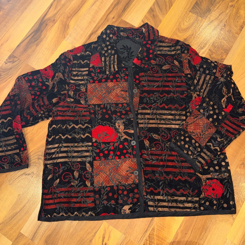 Cold water creek floral‎ abstract reversible sweater jacket red black medium LG